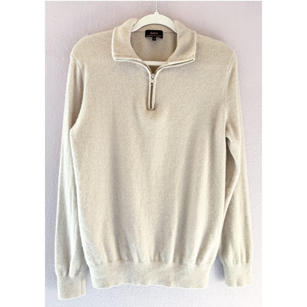 Quince Mens 100% Mongolian Cashmere Quarter Zip Sweater Beige Medium
